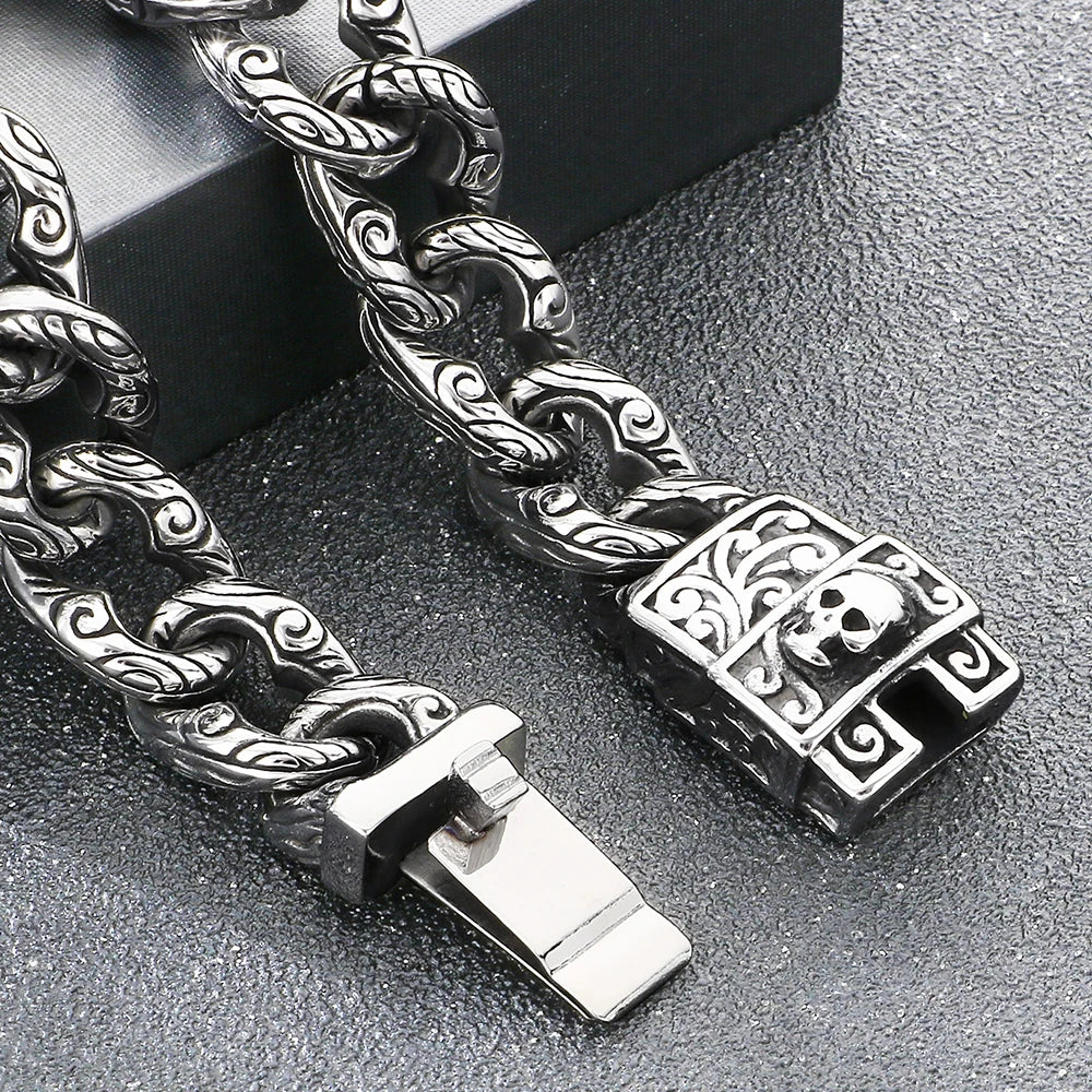 Punk Skeleton Jewelry Vintage Cuban Link Chain Bracelet for Man With Skull Head Clasp 316L Stainless Steel Bracelets