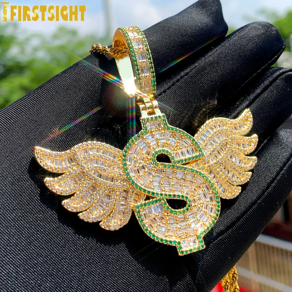New Hip Hop Money Pendant Necklace Gold Color Iced Out Bling CZ Cubic Zirconia Letters Rich Dollar Charm Men Women