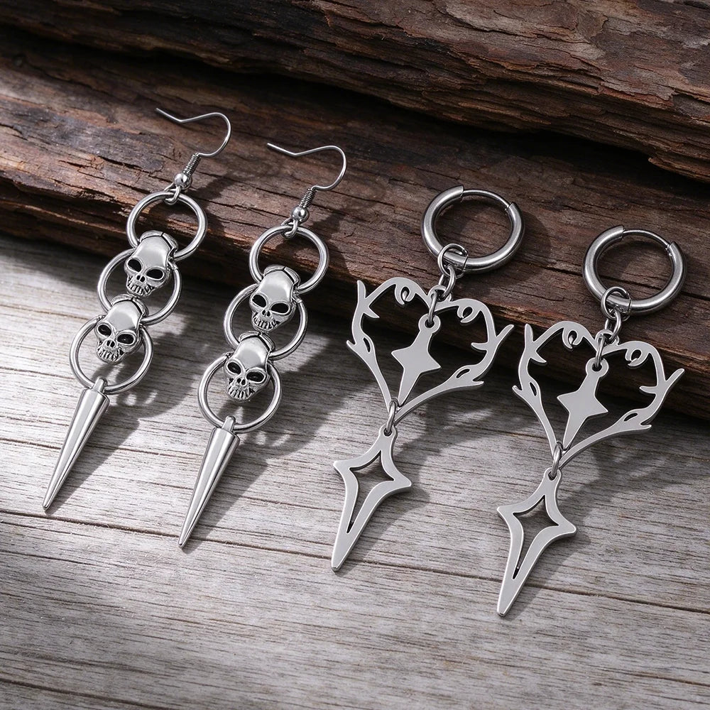 Gothic Skull Spike Heart Star Dangle Drop Earrings Halloween
