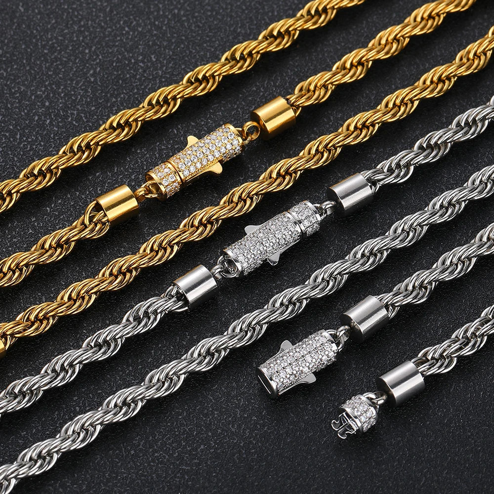 Iced Out Rope Chain Necklace Stainless Steel 6MM