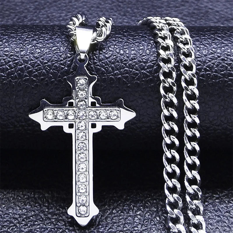 Gothic Cross Silver Pendant Christian Rhinestone