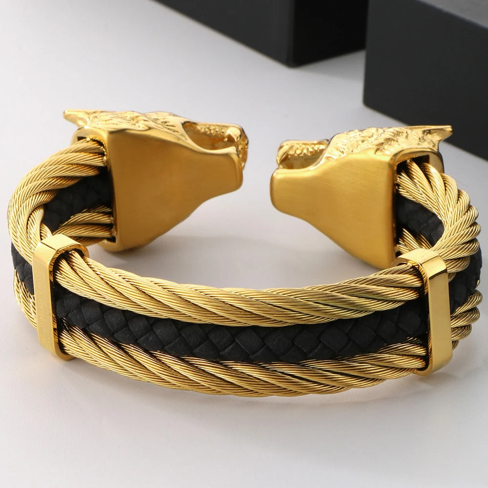 Gothic Elastic Double Wolf Face Head Open Cuff Bangle Bracelet For Man 12MM Wide Twist Chain Stainless Steel Men Men's