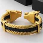 Gothic Elastic Double Wolf Face Head Open Cuff Bangle Bracelet For Man 12MM Wide Twist Chain Stainless Steel Men Men's