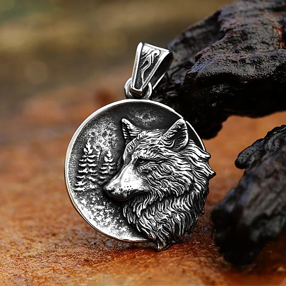 Vintage Viking Wolf Pendant Necklaces For Men Punk Street Rock Nordic Stainless Steel Odin Wolf Head Necklace Fashion Jewelry
