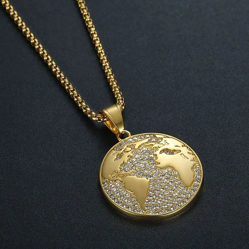 Iced World Map Pendant Necklace — Stainless Steel