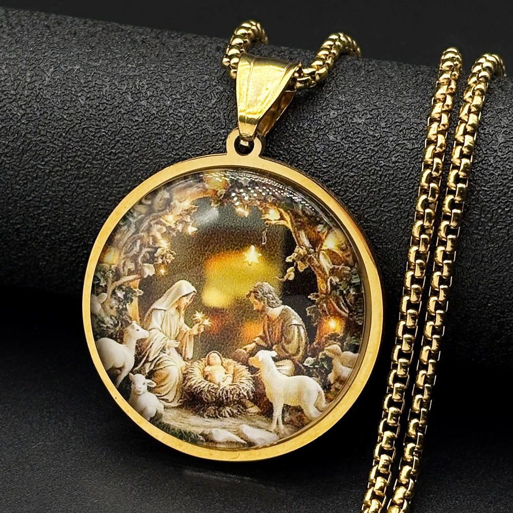 Nativity of Jesus Holy Family Glass Round Medal Pendant Necklace for Women Men Stainless Steel Christian Amulet Chain