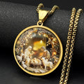 Nativity of Jesus Holy Family Glass Round Medal Pendant Necklace for Women Men Stainless Steel Christian Amulet Chain