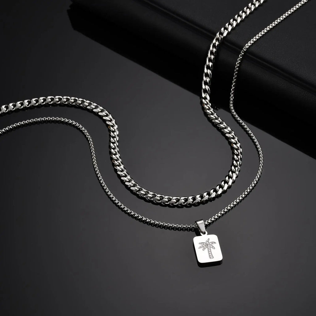 Stylish Men's Layered Necklace,Waterproof Stainless Steel Square Metal Necklace with Mini Zircon,Hip Hop Stacked Collar