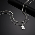 Stylish Men's Layered Necklace,Waterproof Stainless Steel Square Metal Necklace with Mini Zircon,Hip Hop Stacked Collar