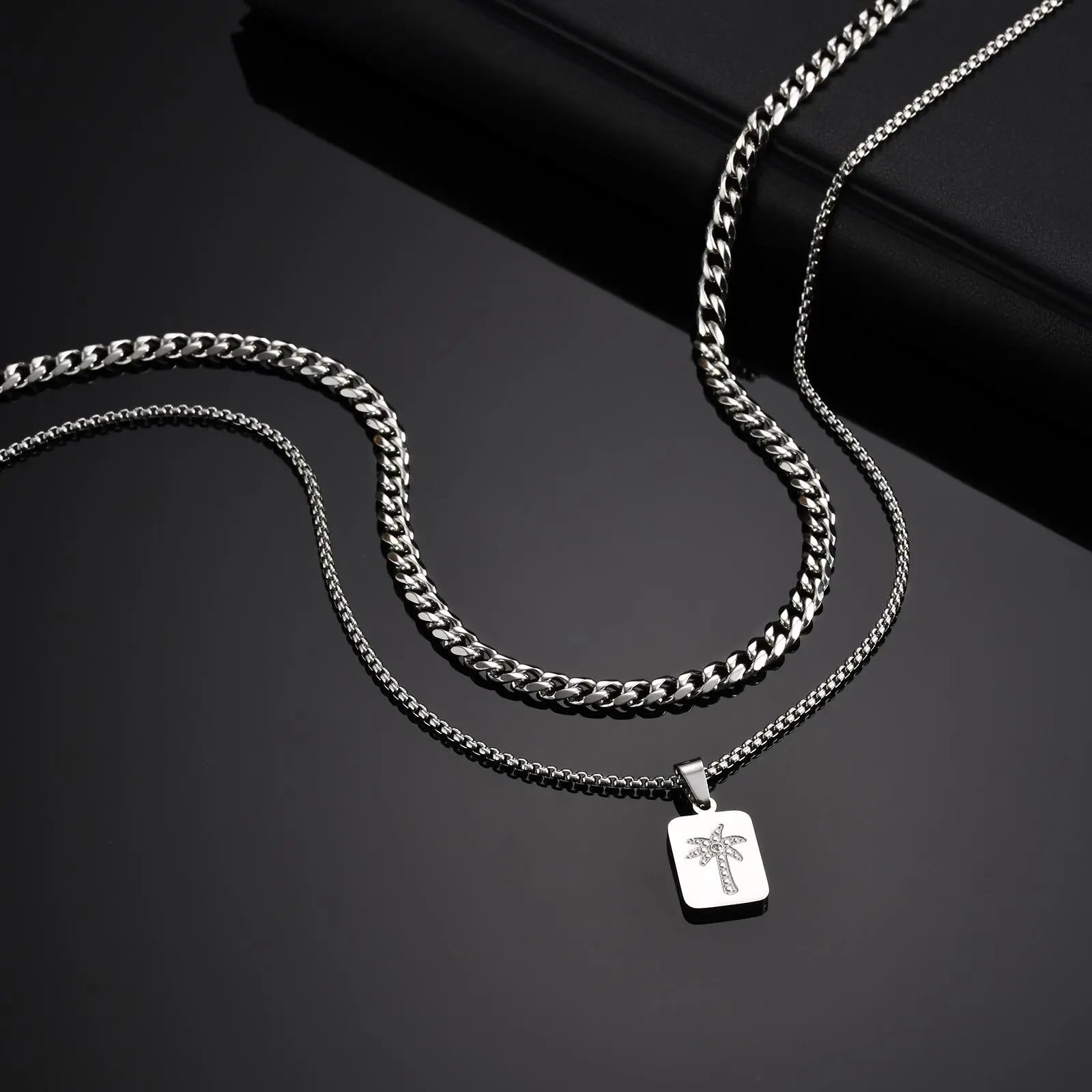 Stylish Men's Layered Necklace,Waterproof Stainless Steel Square Metal Necklace with Mini Zircon,Hip Hop Stacked Collar