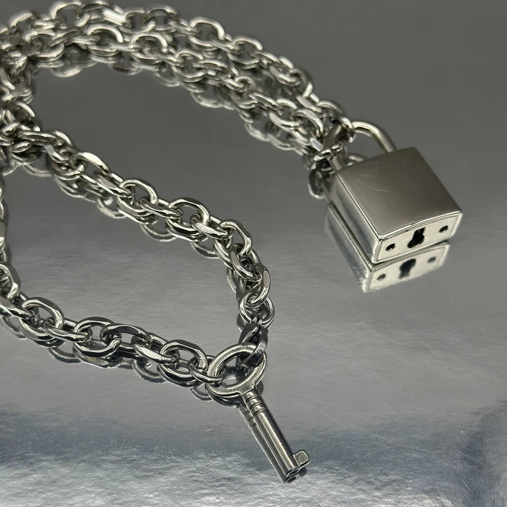 Punk Solid Stainless Steel Chain Oversized Padlock Necklace Women Mens Unisex Chunky Heavy Lock Key Necklace Handmade Jewelry