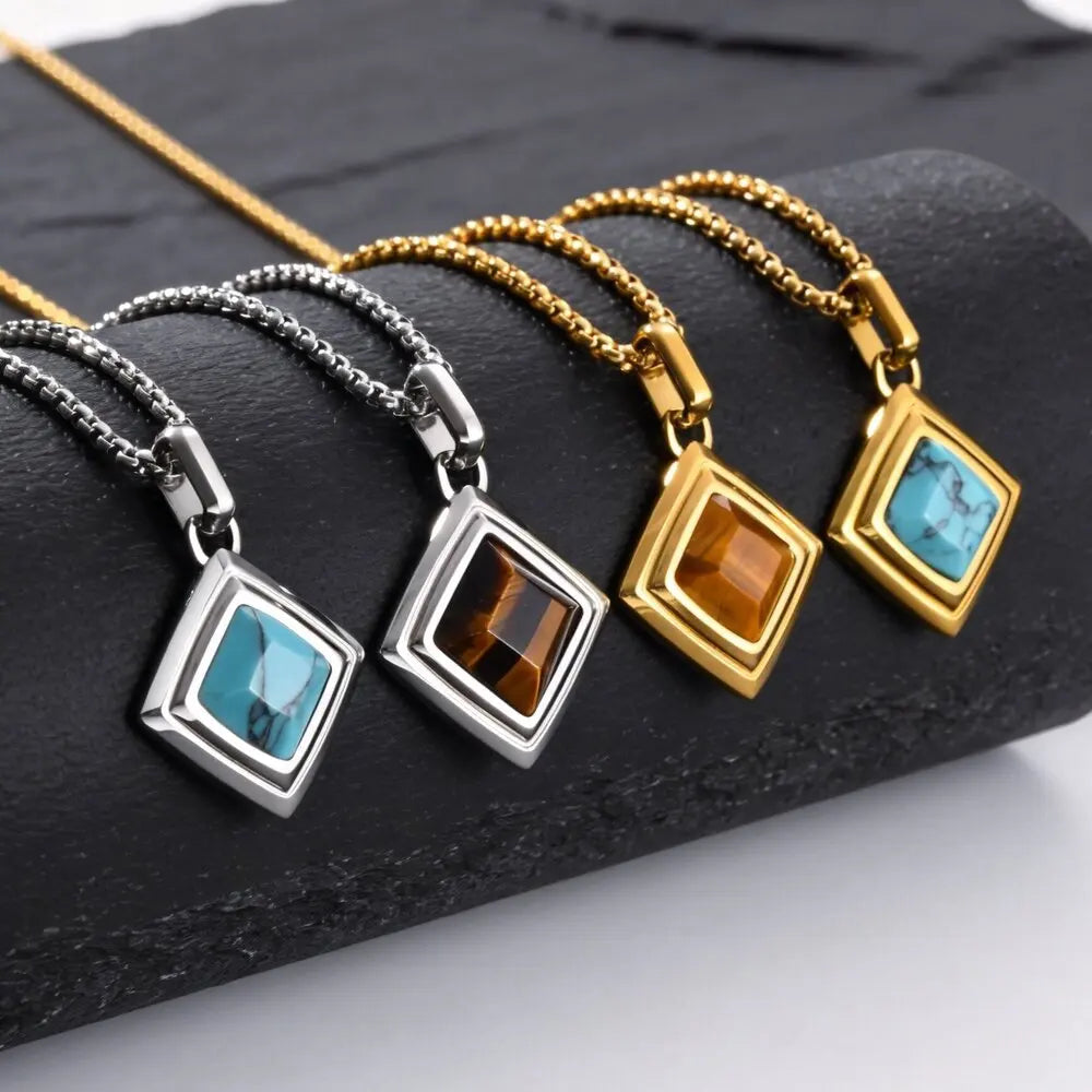 Stylish Natual Stone Necklace for Men,Stainless Steel Geometric Pendant Necklace,New Trend Jewelry Gift