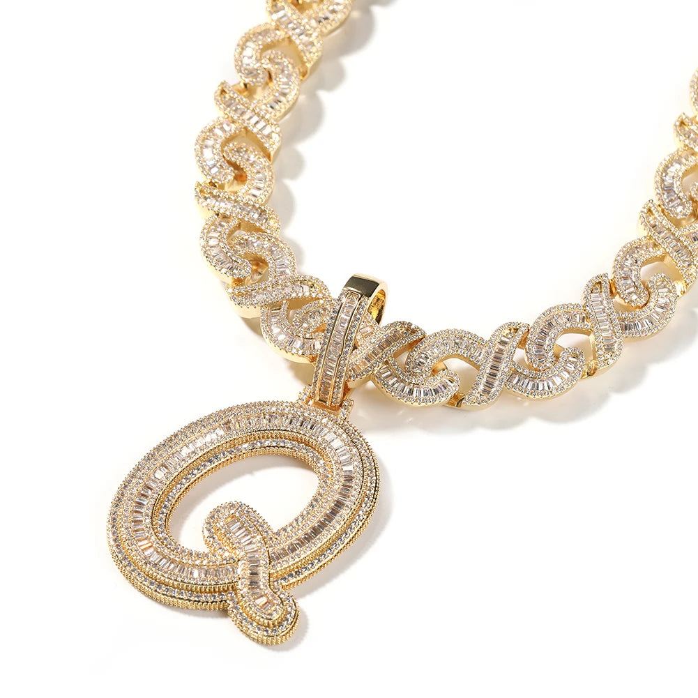 UWIN Baguettecz Letter Pendant for Women Iced Out Cubic Zirconia Infinity Cuban Chain Necklaces Fashion Hip Hop Jewelry for Gift
