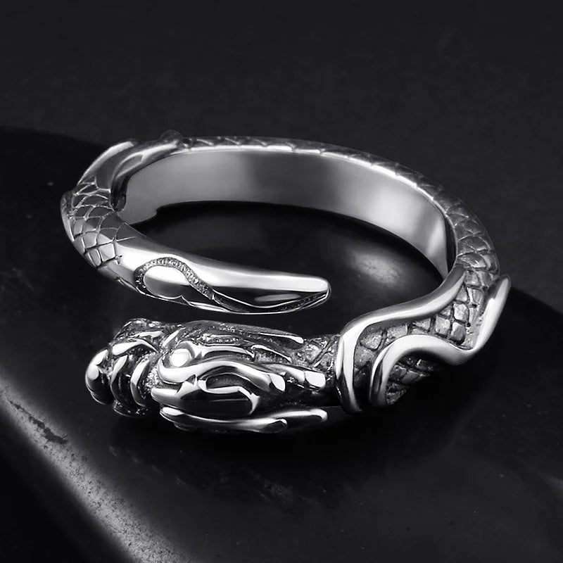 Chinese Dragon Animal Band Ring for Men Women — Silver-Tone