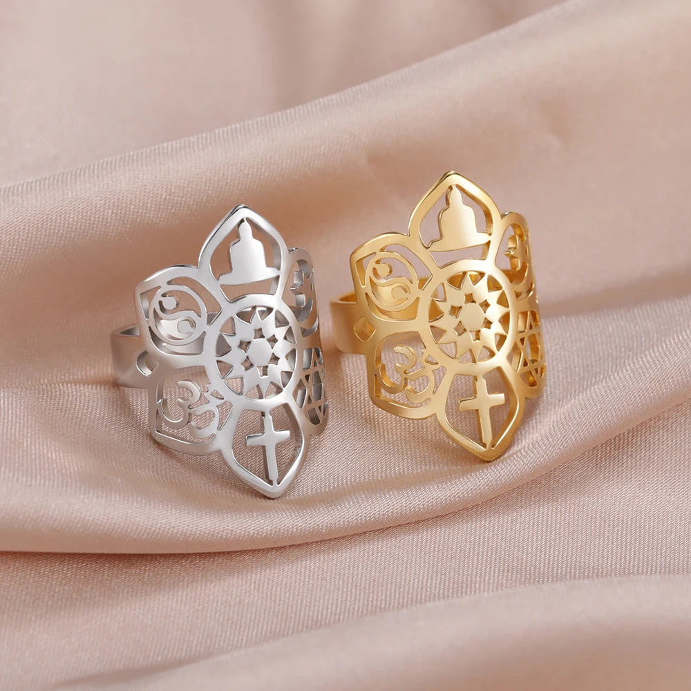 Dawapara Pentagram Adjustable Ring for Men Women Triquetra Cross Star OM Symbol Religious Gift Stainless Steel Jewelry