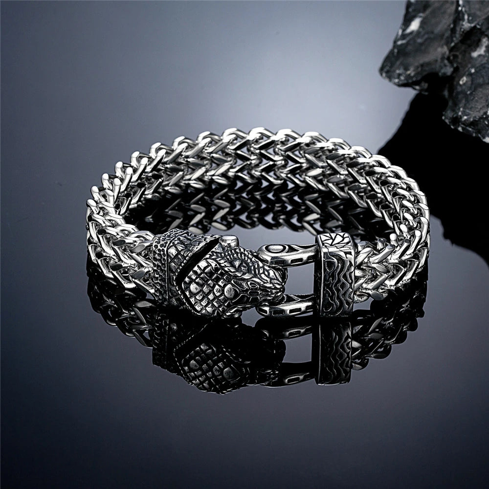 Retro Vikings Bear Norse Wolf Bracelets Men Punk Stainless Steel Mesh Chain Snake Eagle Animal Biker Wristband