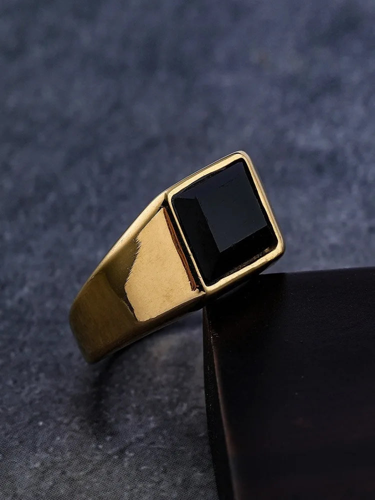LNCHRAN Men 316L Stainless Steel Gold/ Black Onyx Square Signet Ring Minimalist Jewelry Gift For Men