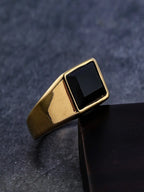 LNCHRAN Men 316L Stainless Steel Gold/ Black Onyx Square Signet Ring Minimalist Jewelry Gift For Men