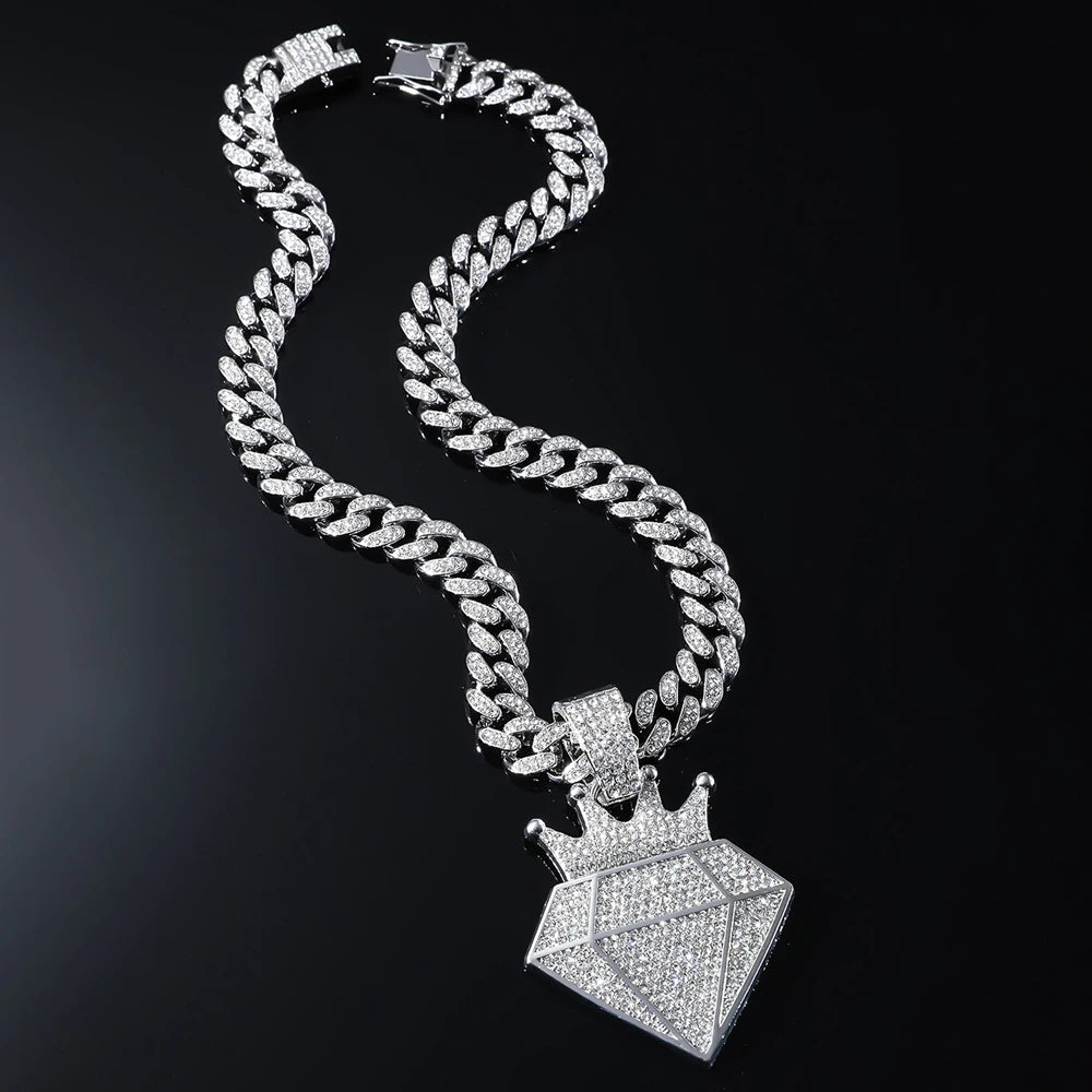 Hip Hop Iced Out Crown Pendant Necklace With 13mm Rhinestone Cuban Chain Bling Necklaces Men Women Fashion Charm