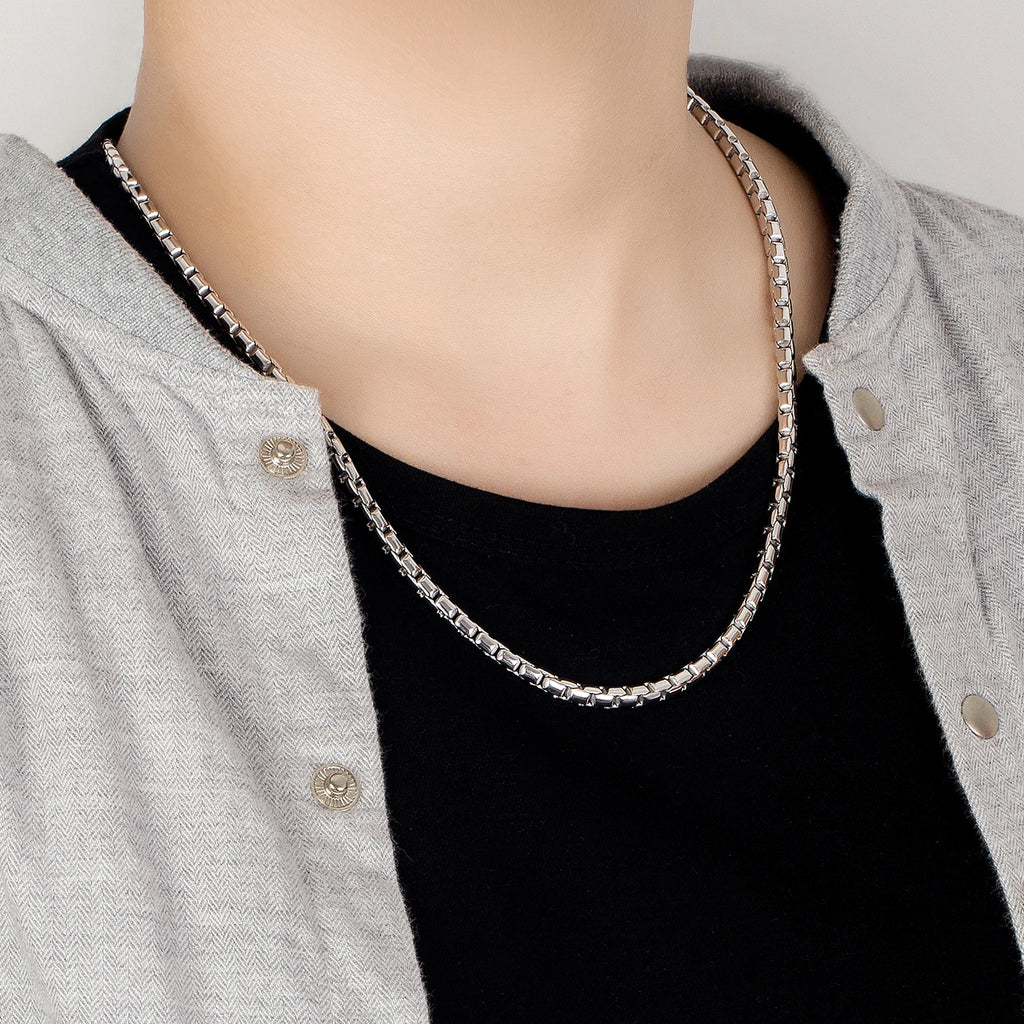 Men's Classic Box Chain Necklace 5mm Long Clasp — Silver-Tone