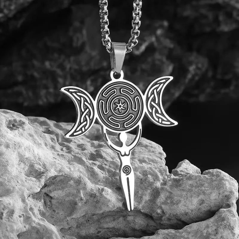 Greek Hecate Triple Moon Pendant Necklace — Stainless Steel
