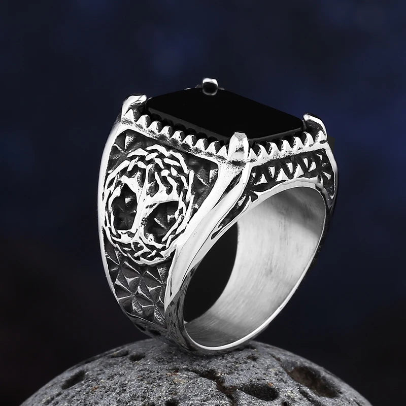 2024 New Men's Punk Rock Black Stone Tree Of Life Ring Gothic Style 316L Stainless Steel Biker Anel Movie Viking