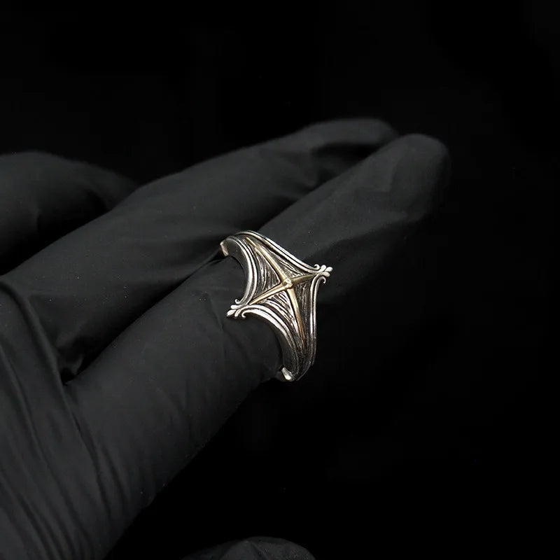 Vintage Punk Cross Star Mark Rhombus Ring — Slim Open Band