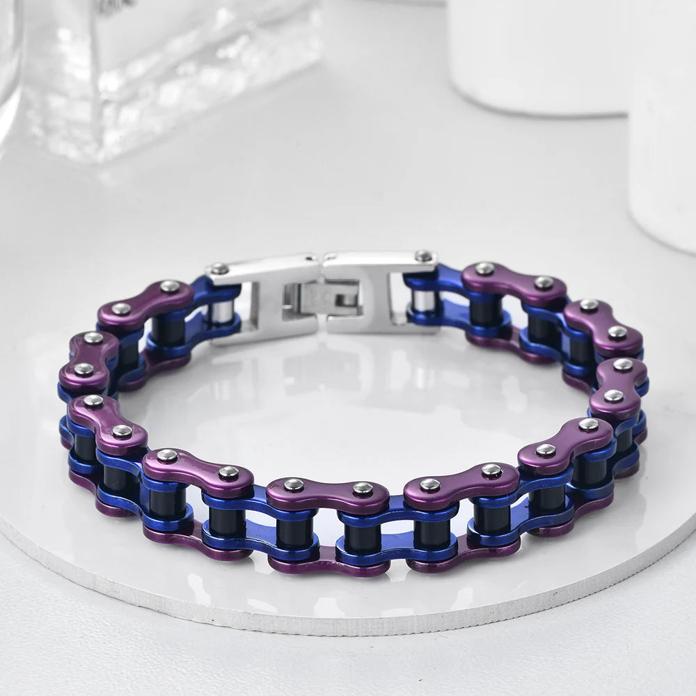 10MM Wide Men's Motorcycle Chain Bracelet Blue Stainless Steel Bicycle Link Design Man Bracelets for Men HipHop