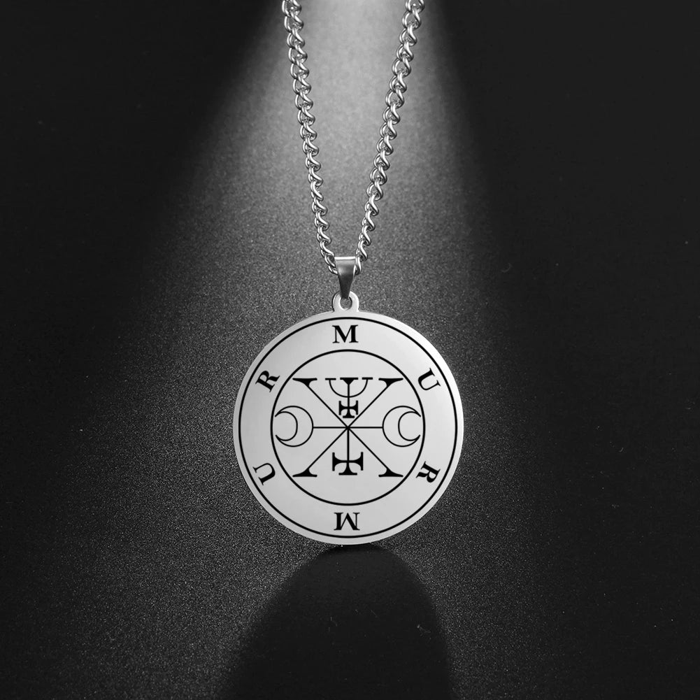 LIKGREAT Lesser Key of King Solomon Occult Sigil 72 Demon Charm Medalion Necklace for Men Women Stainless Steel Magic Talisman