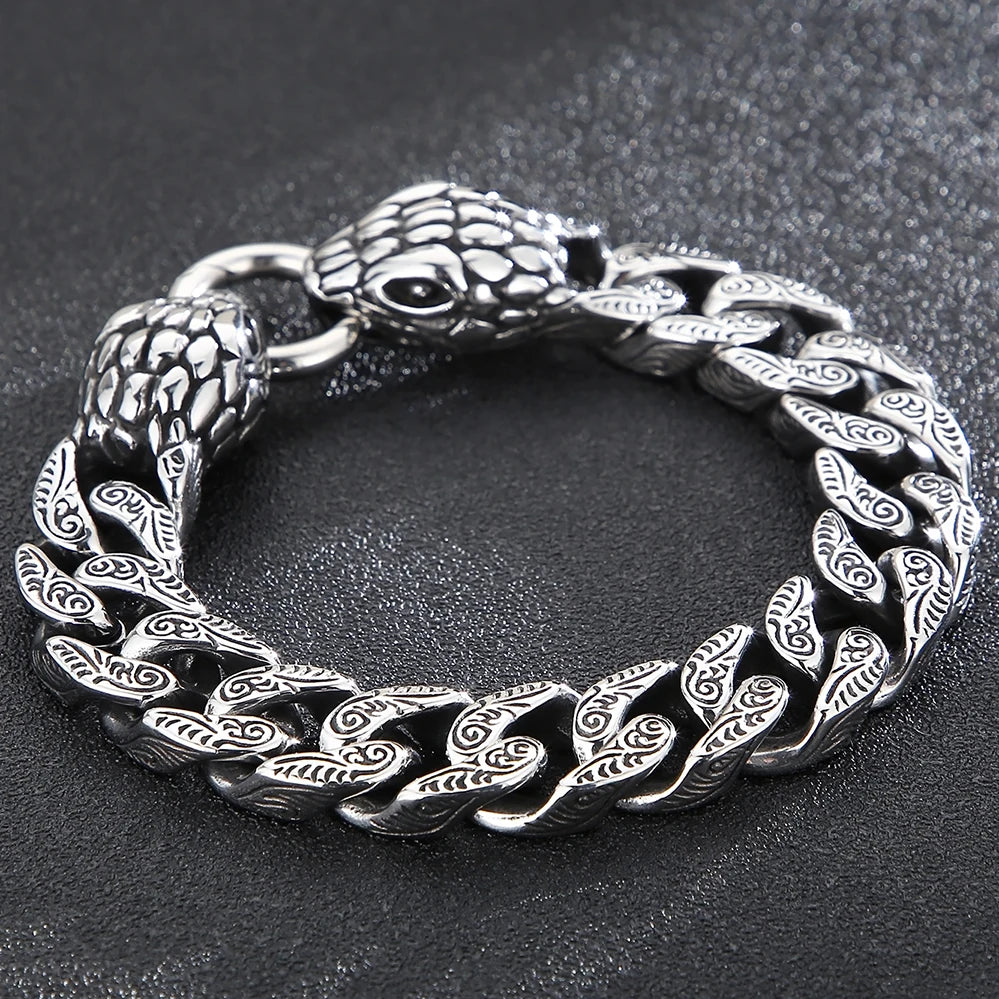 Cool Men's Snake Head Bracelet for Man Male Arm Rings Vintage 15MM Stainless Steel Curb Link Chain Bikers' Jewelry