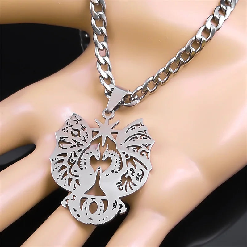 Gothic Double Dragon Star Pendant — Silver