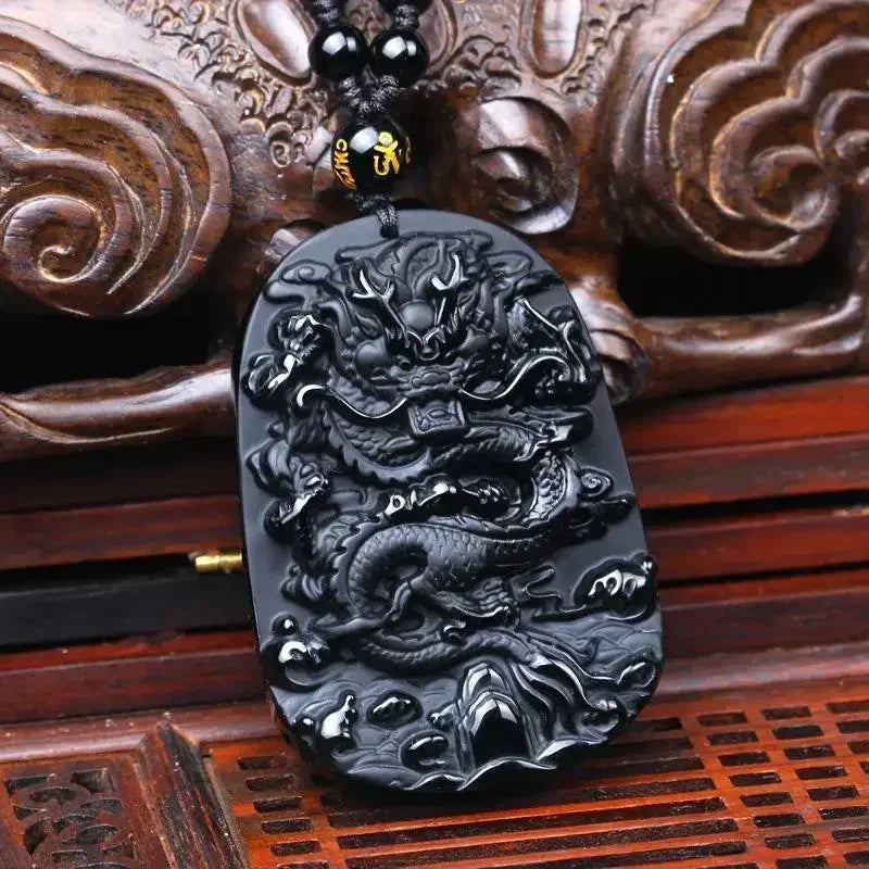 Vintage Natural Obsidian Dragon Pendant Necklace Zodiac Dragon Carved Chinese Mascot Amulet Lucky Men Necklace