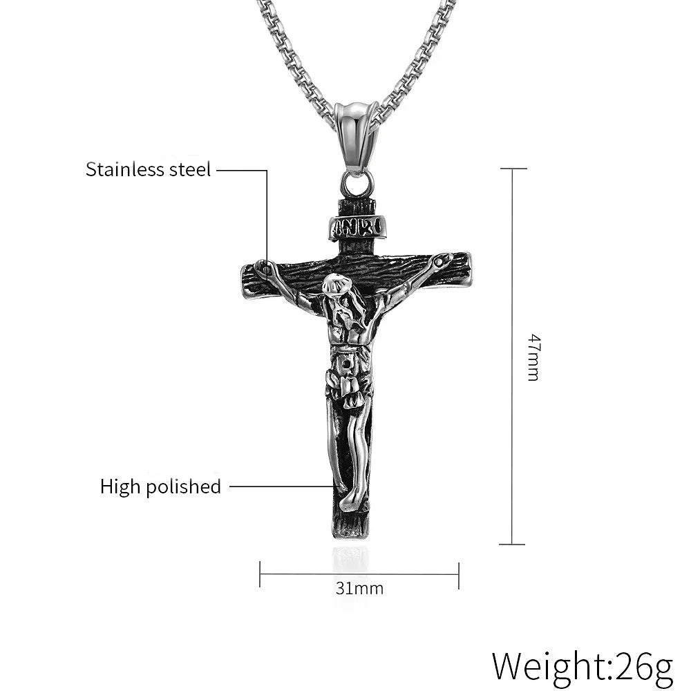Vintage Stainless Steel Cross Jesus Necklace Pendant Men Women Religious Catholic Cross Necklace Chain Amulet Jewelry Gift