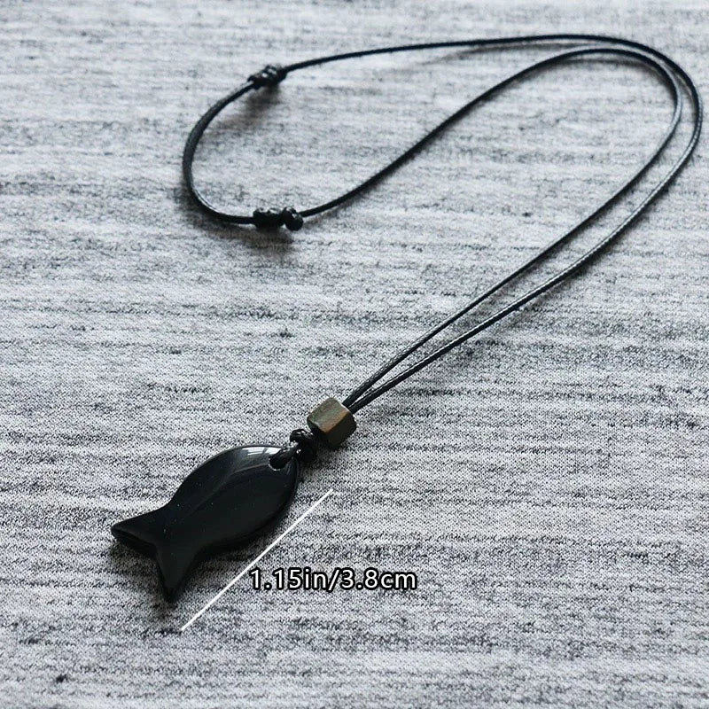 Vintage Natural Black Obsidian Fish‑Shaped Pendant Necklace for Men, Ideal for Fishing Enthusiasts, Valentine’s Day Gift