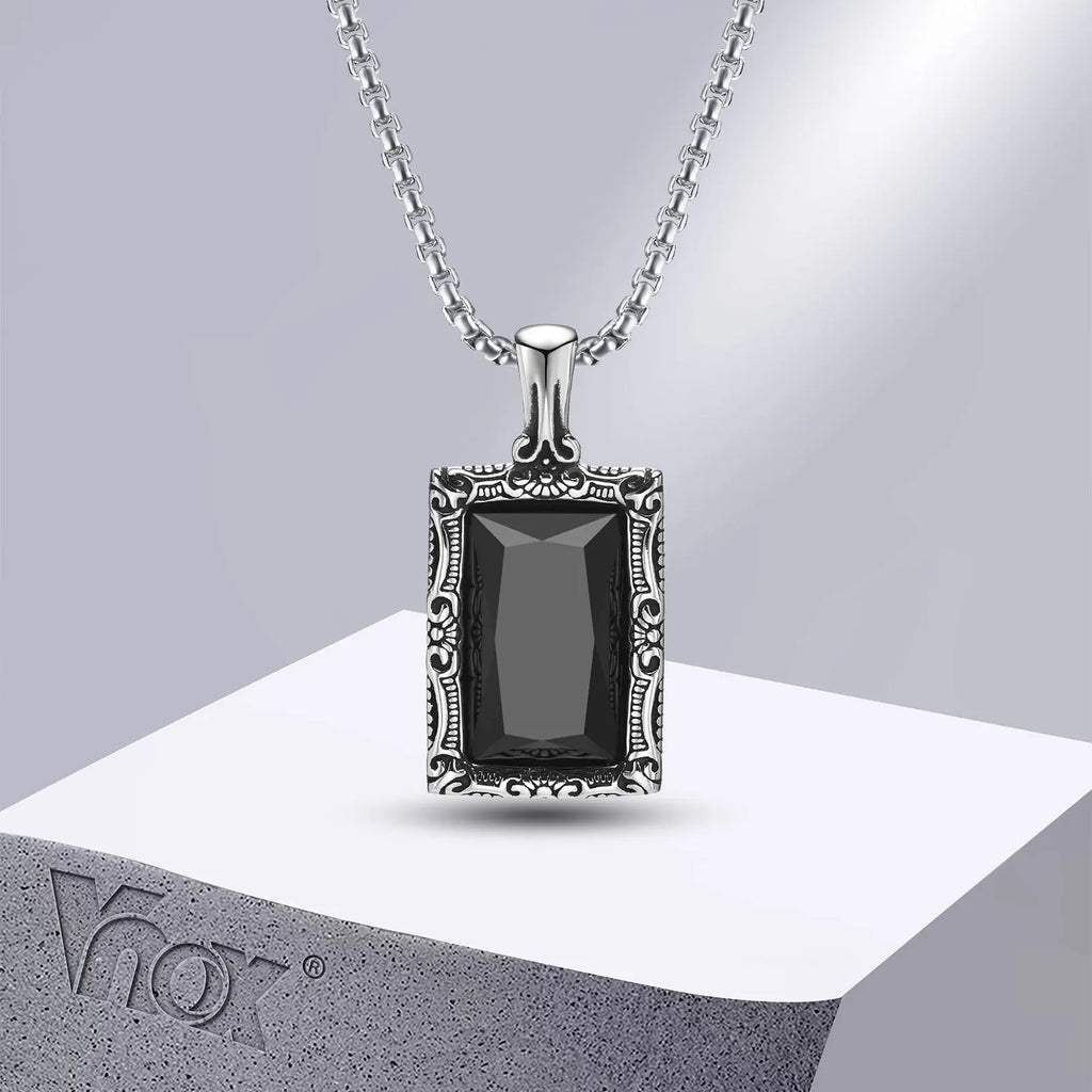 Vnox Black Square Stone Necklaces for Men, Retro Silver Color Stainless Steel Geometric Pendant Collar with Box Chain