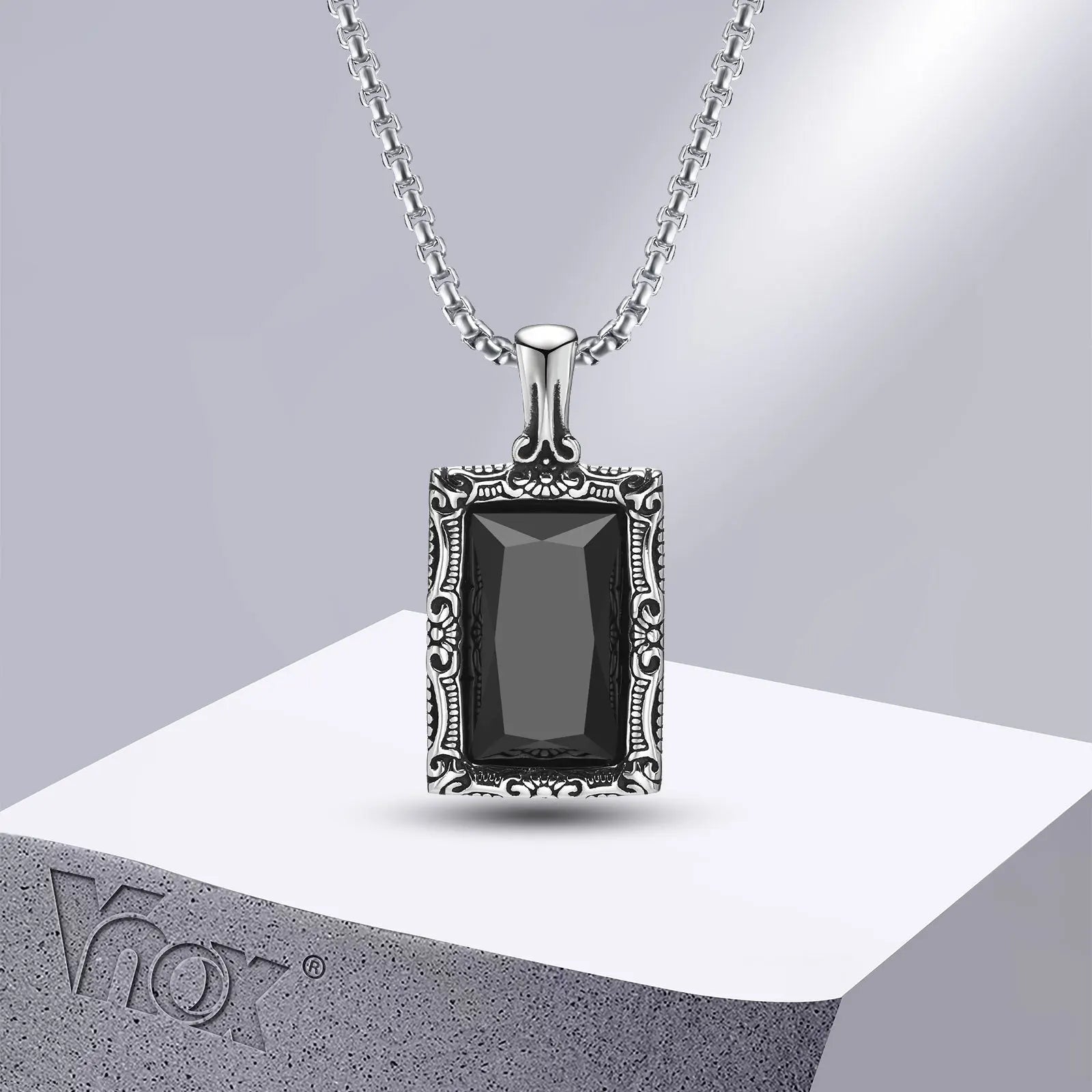 Vnox Black Square Stone Necklaces for Men, Retro Silver Color Stainless Steel Geometric Pendant Collar with Box Chain