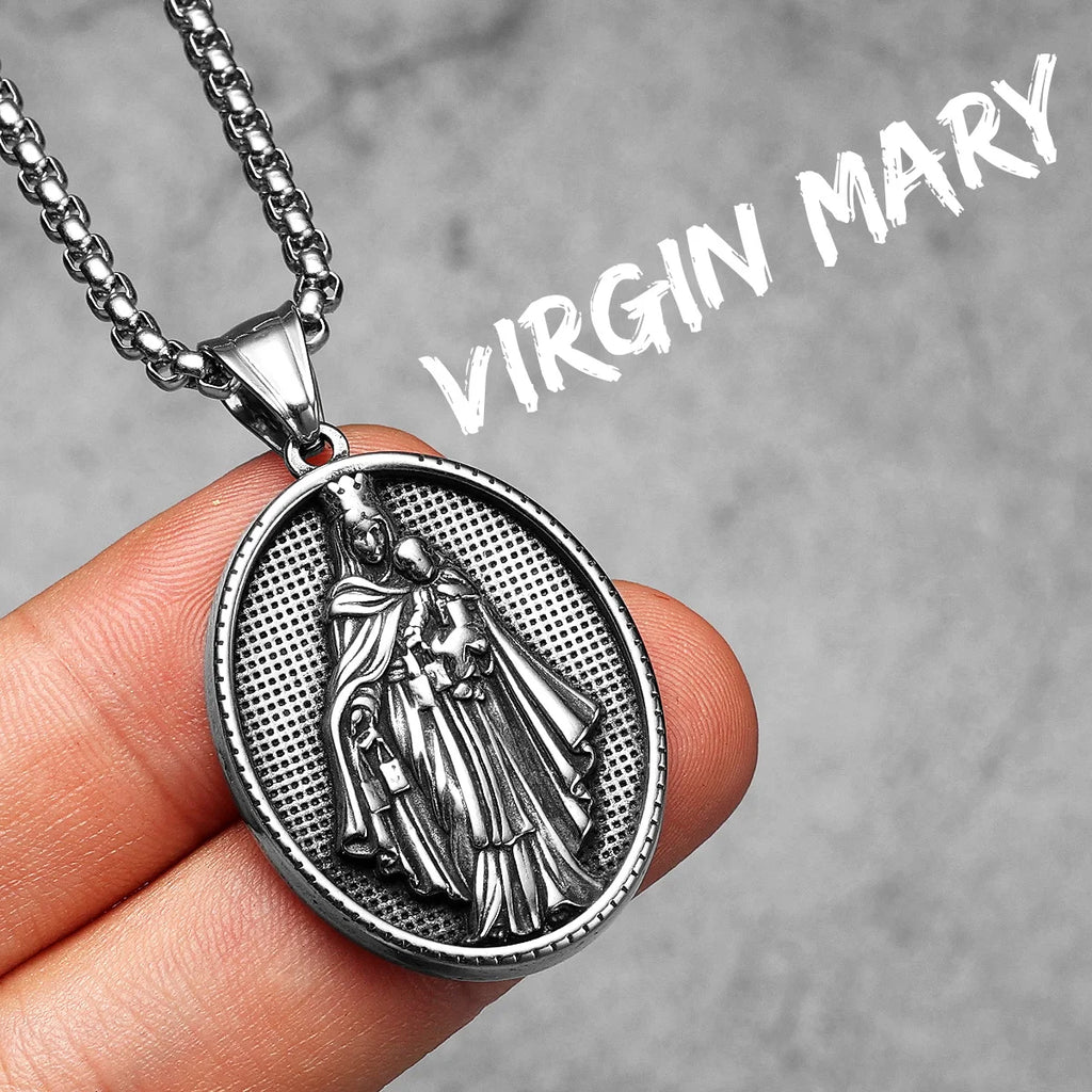 Virgin Mary Pendant Necklace Stainless Steel Vintage