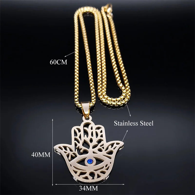 Hollow Fatima Hamsa Hand Pendants Necklace Stainless Steel Gold Color Luck Hand Palm Blue Turkey Eye Necklacse Jewelry Collares