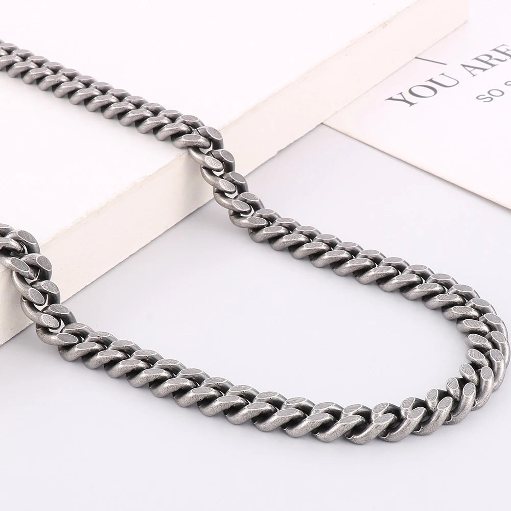 Vintage 8/10MM Curb Chain Necklace for Men Brushed Matte Stainless Steel Cuban Link Men's Boys Neck Chains Male Choker