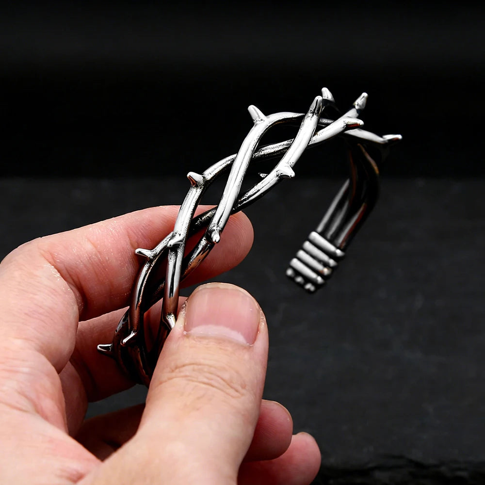 Vintage Gothic Thorn Open Cuff Bracelet For Men Women Stainless Steel Twisted Bangles Punk Rock Wrist Jewelry Fashion