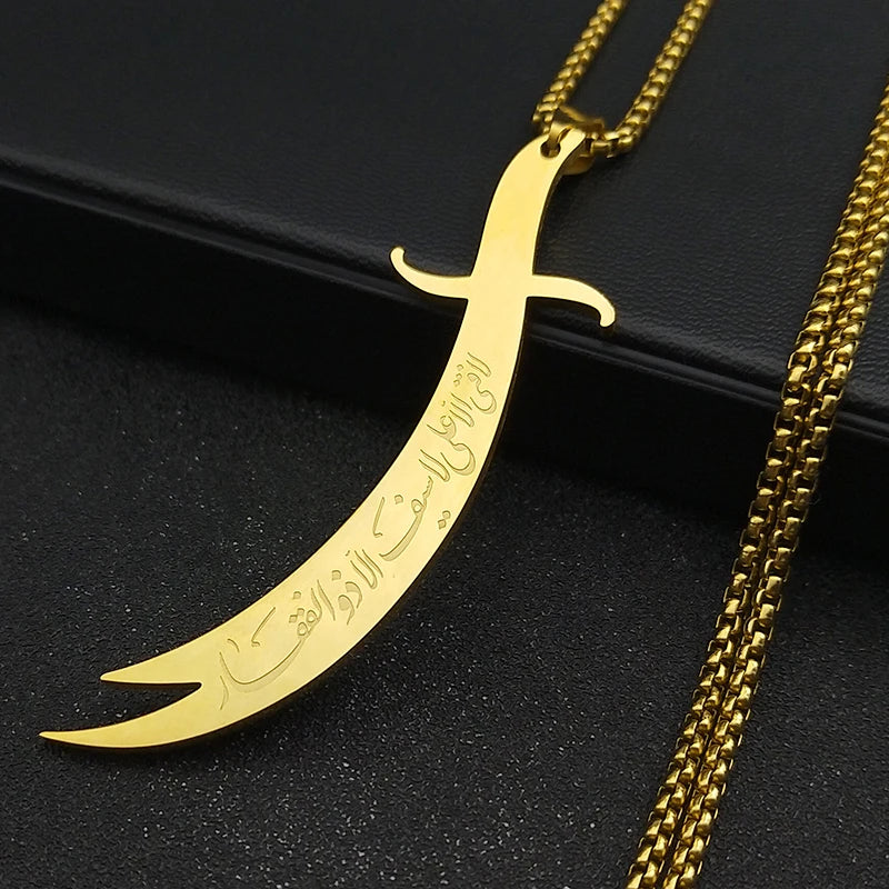 Islamic Imam Ali Zulfiqar Sword Pendant Necklace for Women Men Stainless Steel Gold Color Muslim Male Chain Jewelry