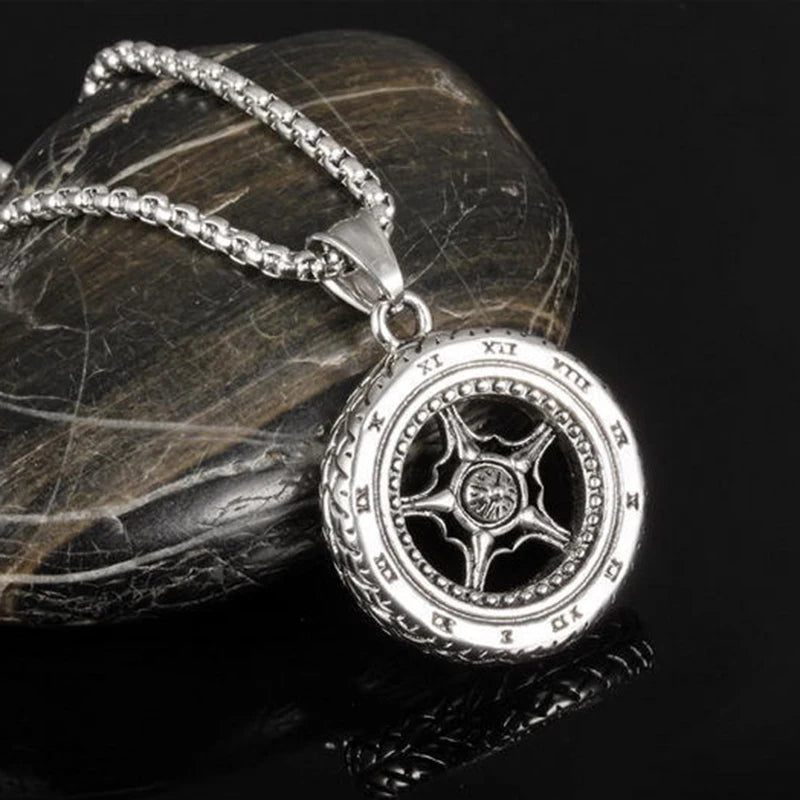 Vintage Silver Tire Pendant Necklace Stainless Steel