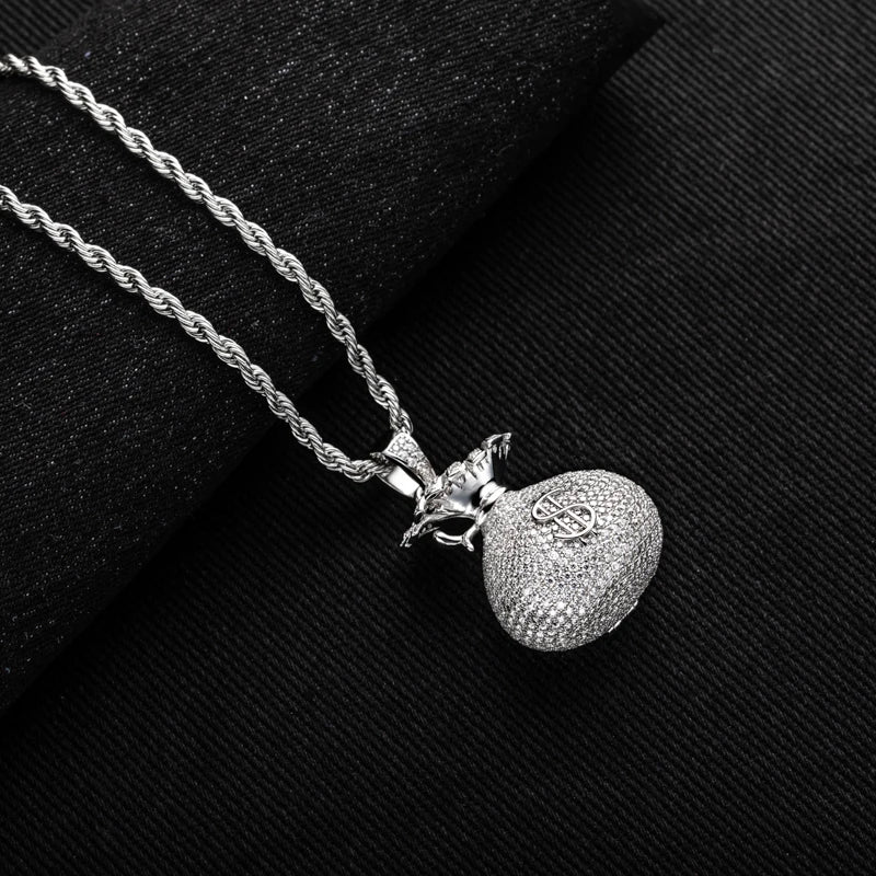 Iced Out Money Bag Pendant — 925 Silver