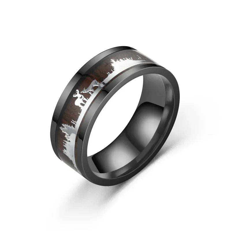 Black Inlaid Wood Grain Elk Christmas Tree Stainless Steel Couple Proposal Ring Animal Fashion Vintage Jewelry Christmas Gift