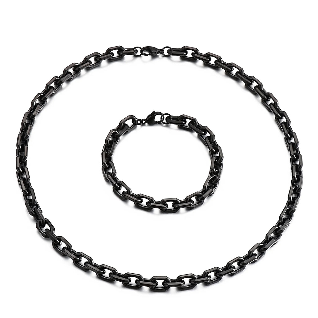 8mm Black Link Chain Necklace Bracelet For Men Stainless Steel Jewelry Gift Set