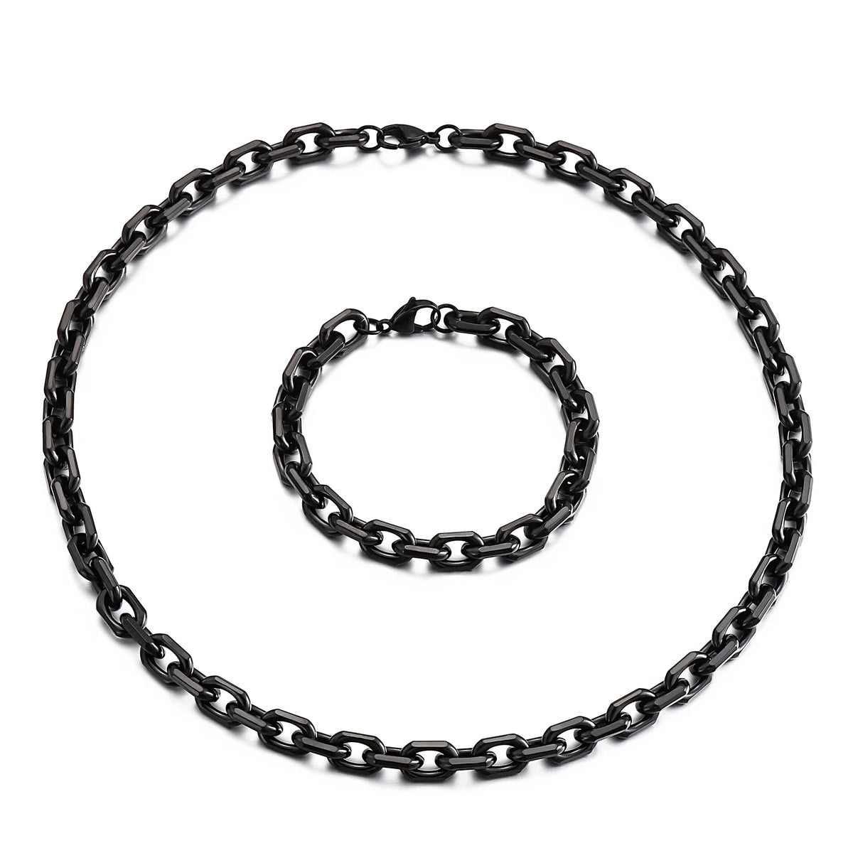 8mm Black Link Chain Necklace Bracelet For Men Stainless Steel Jewelry Gift Set