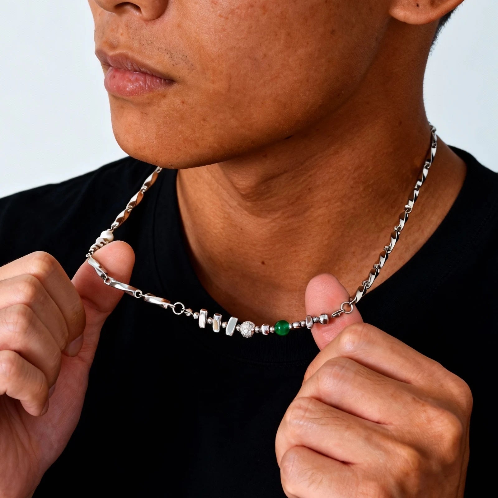 Green Stone Bead Chain Necklace — Stainless Steel
