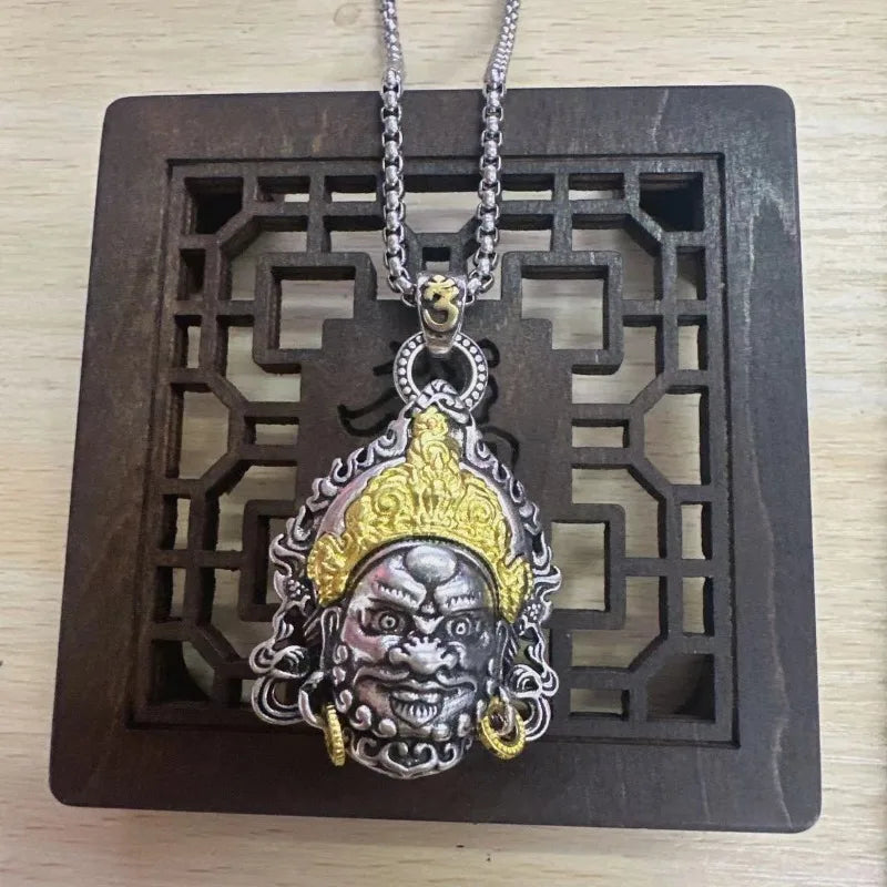 Vintage Plated Thai Silver Yellow God of Wealth Necklace, Gilded Buddha Statue Pendant, Holiday Birthday Gift