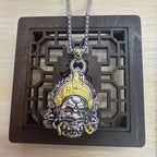 Vintage Plated Thai Silver Yellow God of Wealth Necklace, Gilded Buddha Statue Pendant, Holiday Birthday Gift