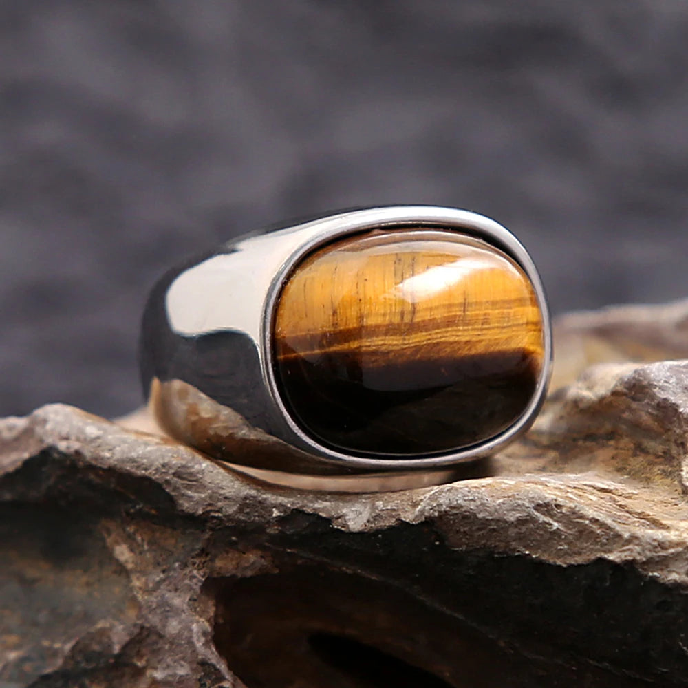 Simple Vintage Tiger Eye Brown Stone Rings For Men Women Stainless Steel Punk Biker Fashion Party Jewelry Gifts Dropshipping